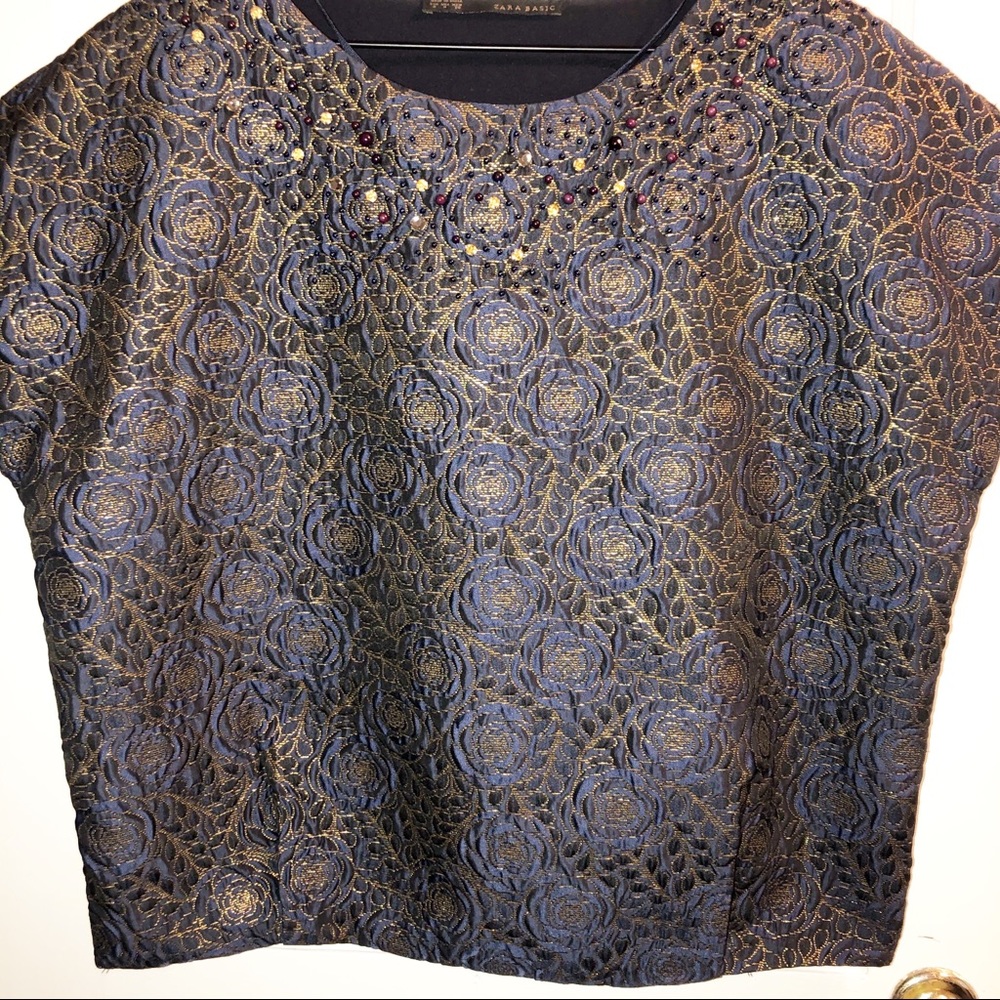 Zara Basic Blouse Blue & Gold Floral Dressy Top